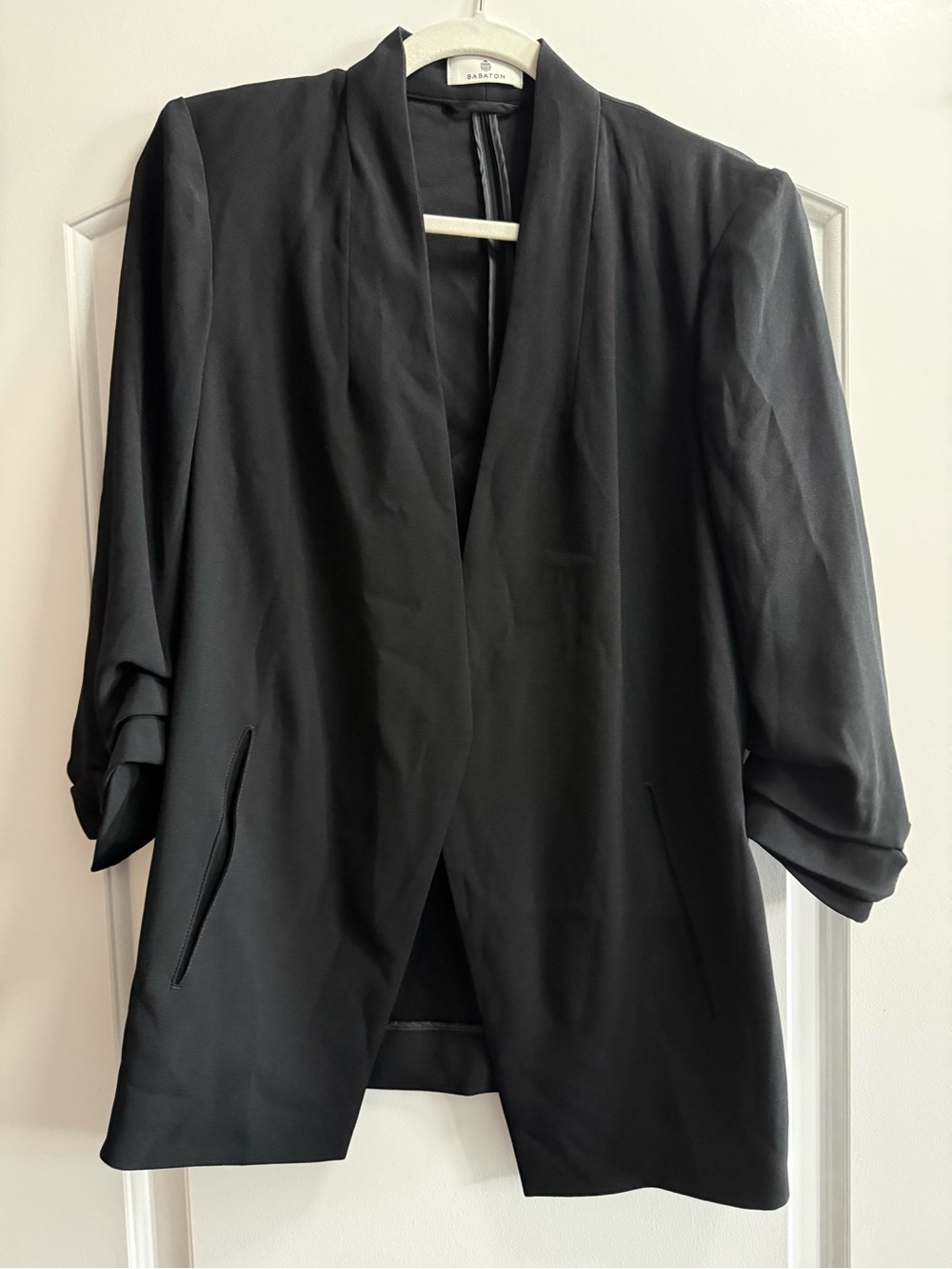 Babaton (Aritzia) Black Open Front Blazer Ruched 3/4 Sleeve Size 2 Workwear
